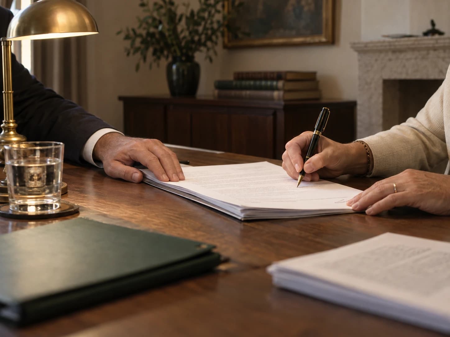 Una mano firma un documento con pluma estilográfica mientras otra sujeta la hoja, sobre una mesa de nogal junto a una carpeta verde.