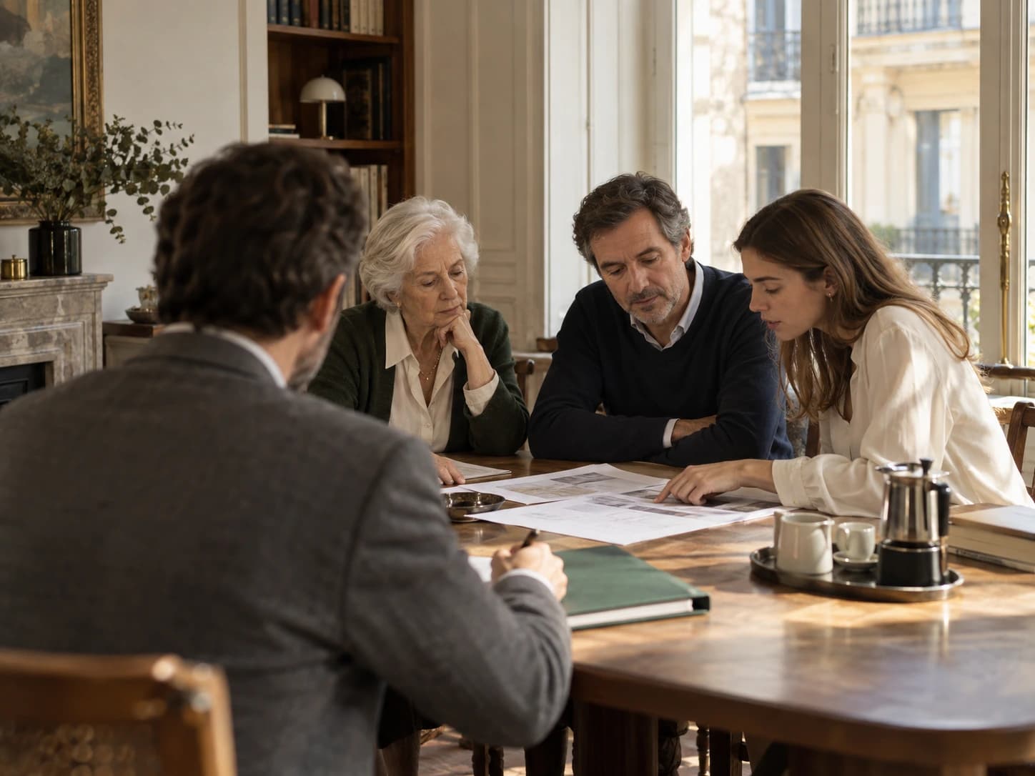 Tres generaciones de una familia repasan documentos con un asesor alrededor de la mesa de un comedor.