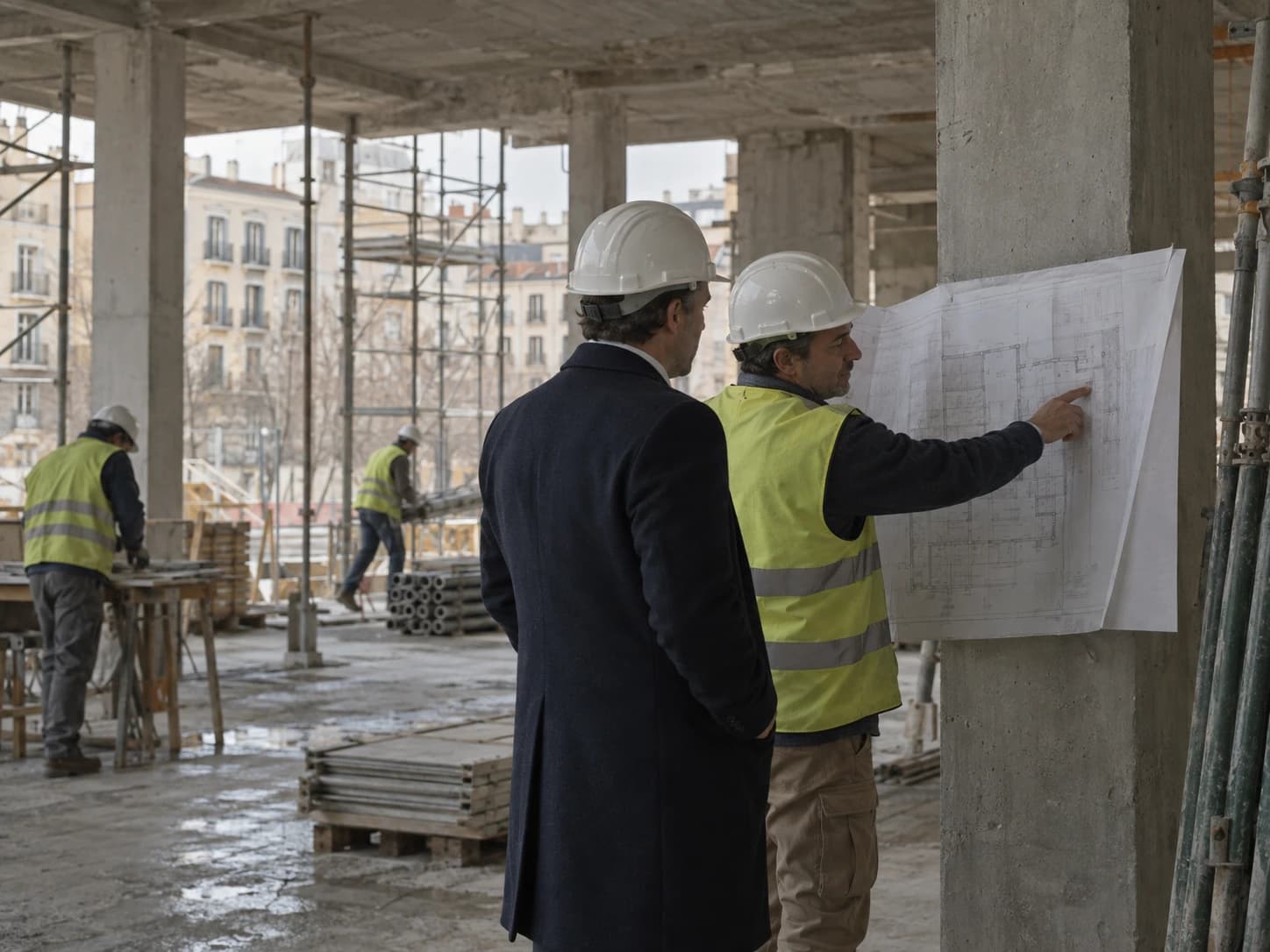 Dos personas con casco revisan unos planos sujetos a un pilar en la obra de un edificio de viviendas.